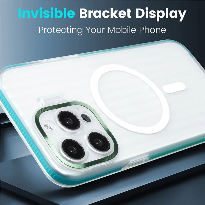 For iPhone 15 Pro Max Magnetic Case Strip Pattern PC+TPU Phone Cover Lens Cap Kickstand - Blue - 2