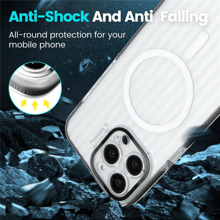 For iPhone 15 Pro Max Magnetic Case Strip Pattern PC+TPU Phone Cover Lens Cap Kickstand - Blue - 5