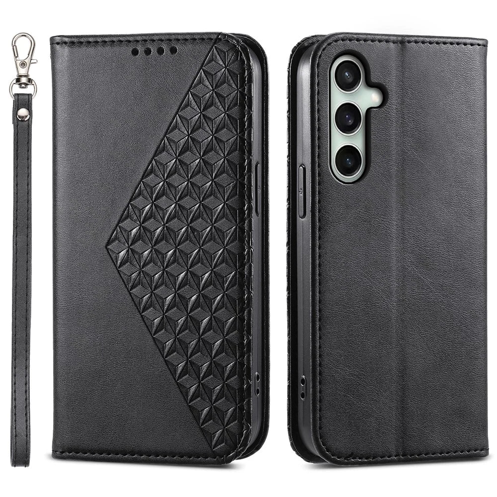 For Samsung Galaxy S24 FE Wallet Case Calf Texture PU Leather Phone Cover with Strap - Black - 1