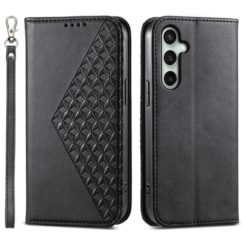 For Samsung Galaxy S24 FE Wallet Case Calf Texture PU Leather Phone Cover with Strap - Black - 1