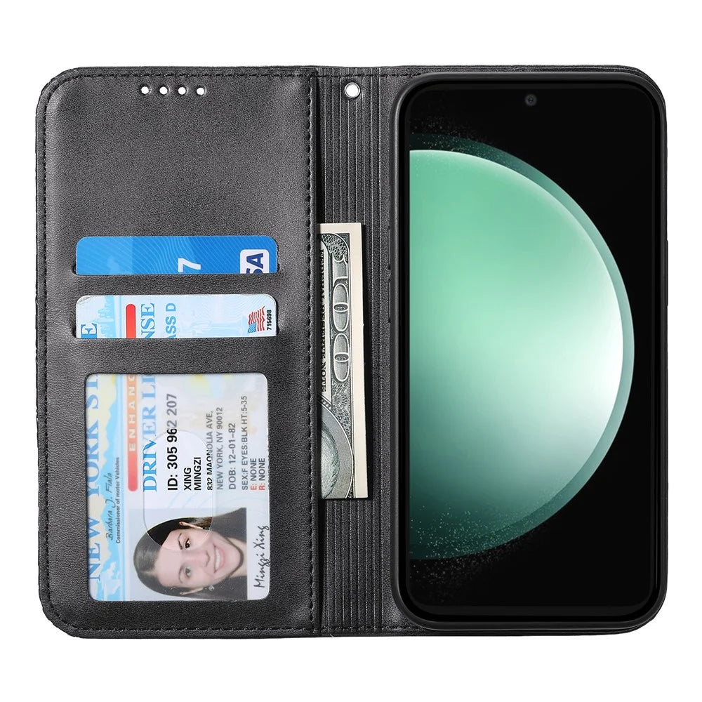 For Samsung Galaxy S24 FE Wallet Case Calf Texture PU Leather Phone Cover with Strap - Black - 2