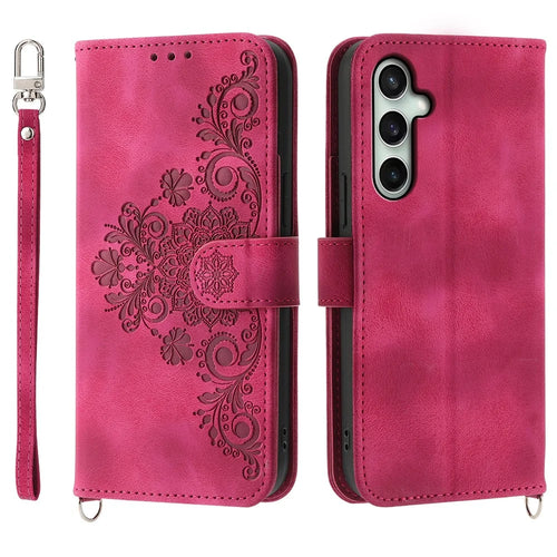 For Samsung Galaxy S24 FE Case Flower Pattern PU Leather Wallet Phone Cover with Shoulder Strap - Wine Red - 1