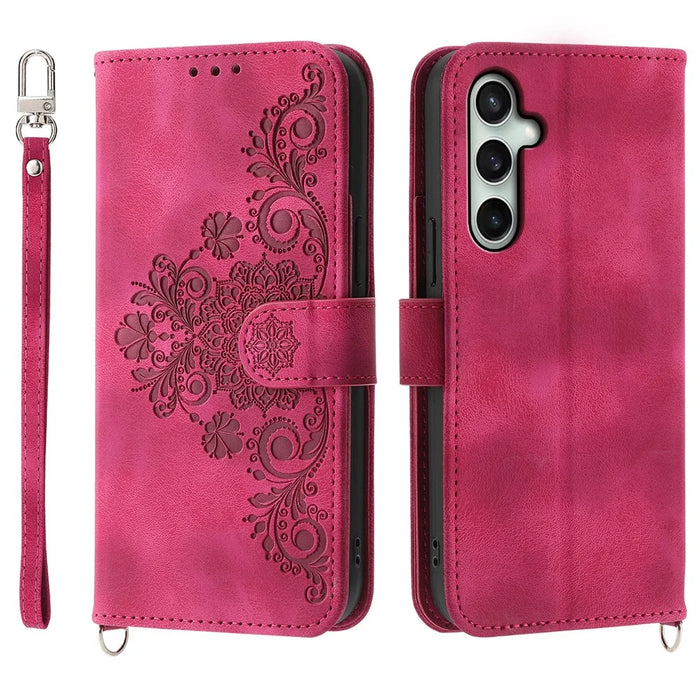 For Samsung Galaxy S24 FE Case Flower Pattern PU Leather Wallet Phone Cover with Shoulder Strap - Wine Red - 1