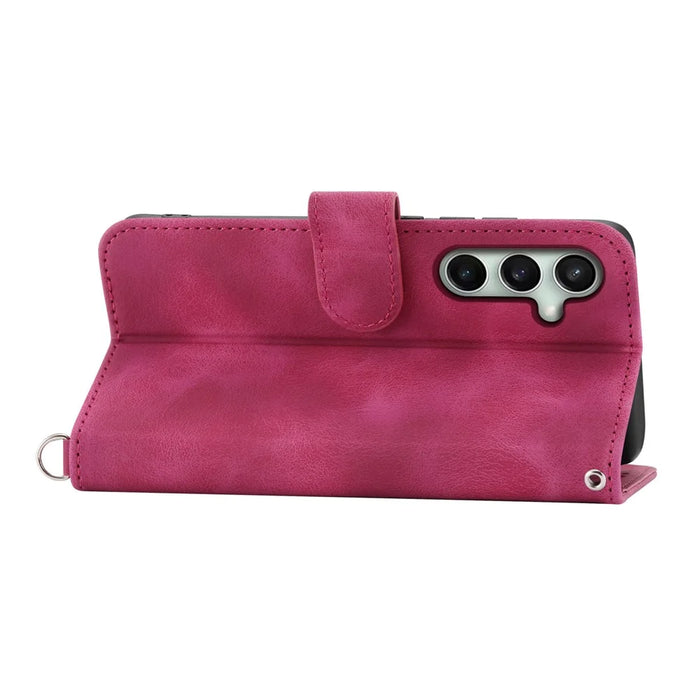 For Samsung Galaxy S24 FE Case Flower Pattern PU Leather Wallet Phone Cover with Shoulder Strap - Wine Red - 2
