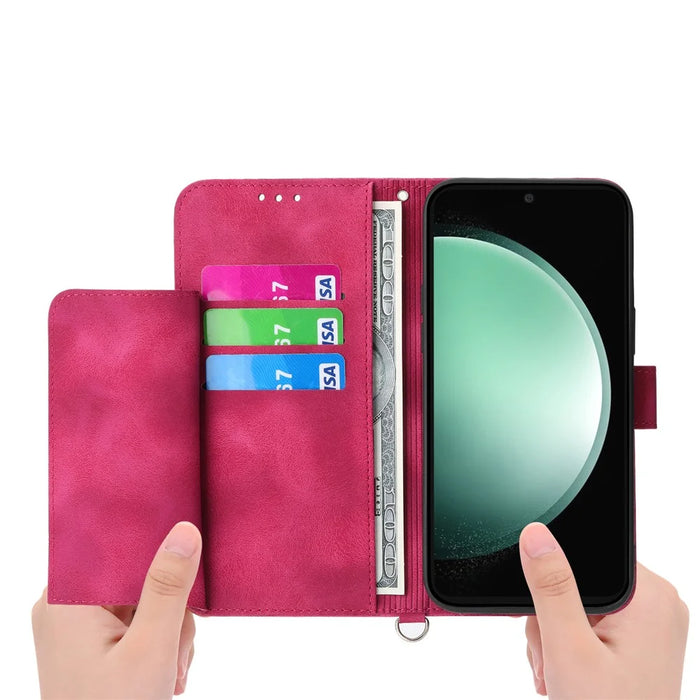 For Samsung Galaxy S24 FE Case Flower Pattern PU Leather Wallet Phone Cover with Shoulder Strap - Wine Red - 3