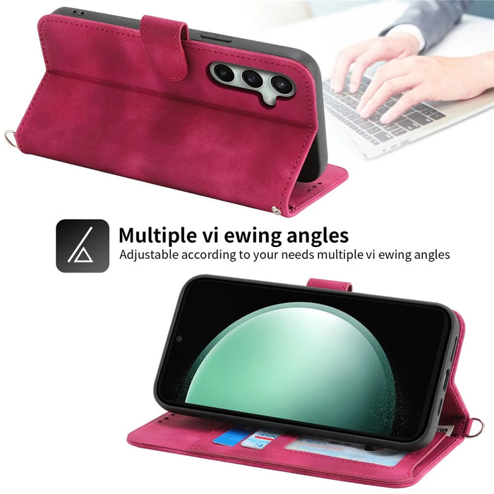 For Samsung Galaxy S24 FE Case Flower Pattern PU Leather Wallet Phone Cover with Shoulder Strap - Wine Red - 5
