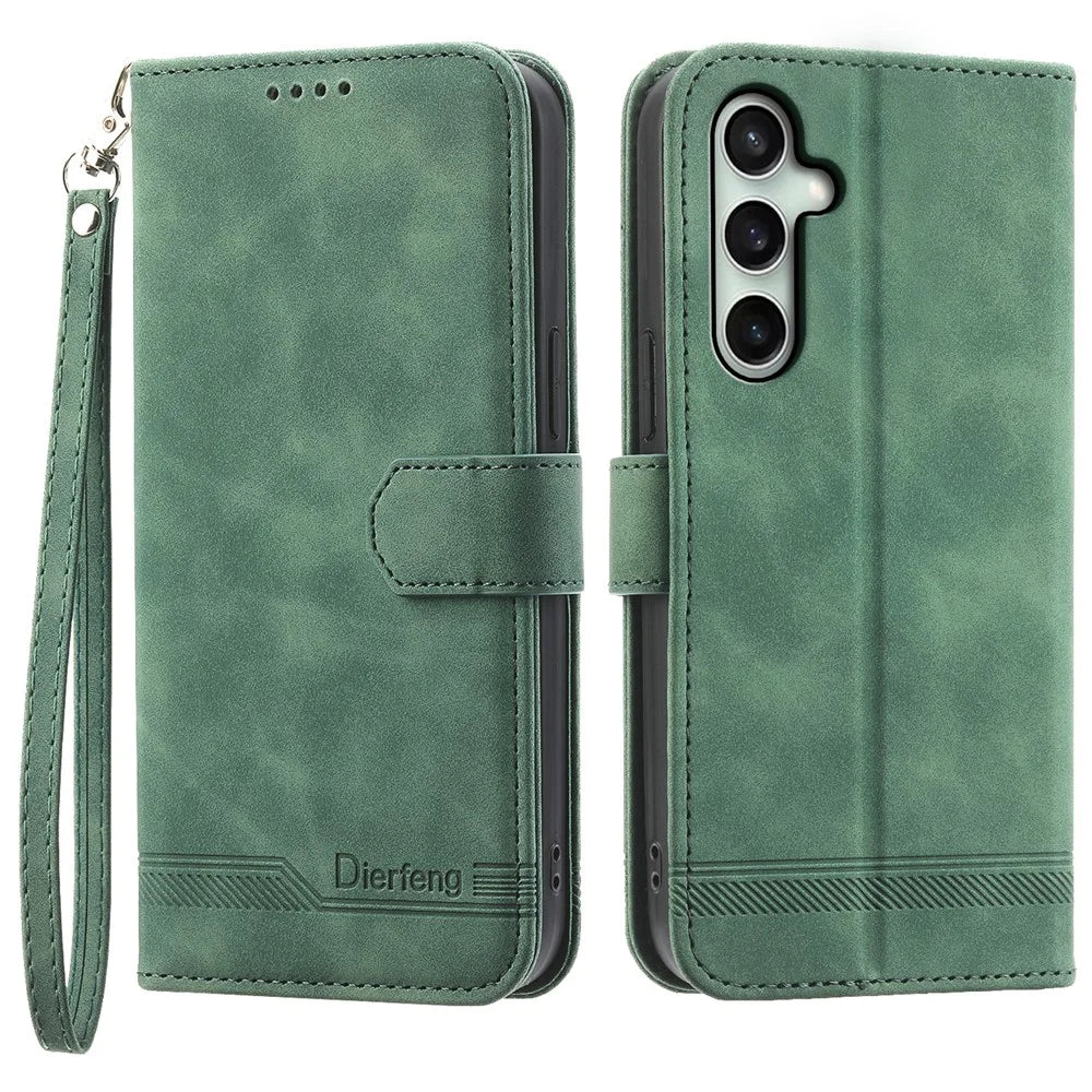 DIERFENG DF-03 For Samsung Galaxy S24 FE Case Lines Imprinted Leather Wallet Phone Cover - Green - 1