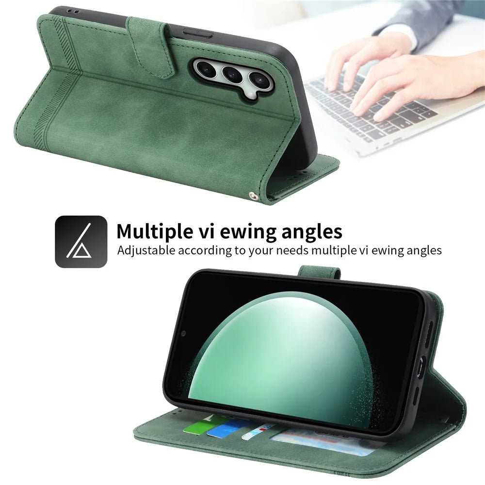 DIERFENG DF-03 For Samsung Galaxy S24 FE Case Lines Imprinted Leather Wallet Phone Cover - Green - 4
