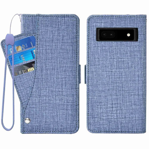 For Google Pixel 6a Jeans Cloth Texture PU Leather Stand Cover Built-in Rotating Card Slot Phone Case Wallet - Blue - 1