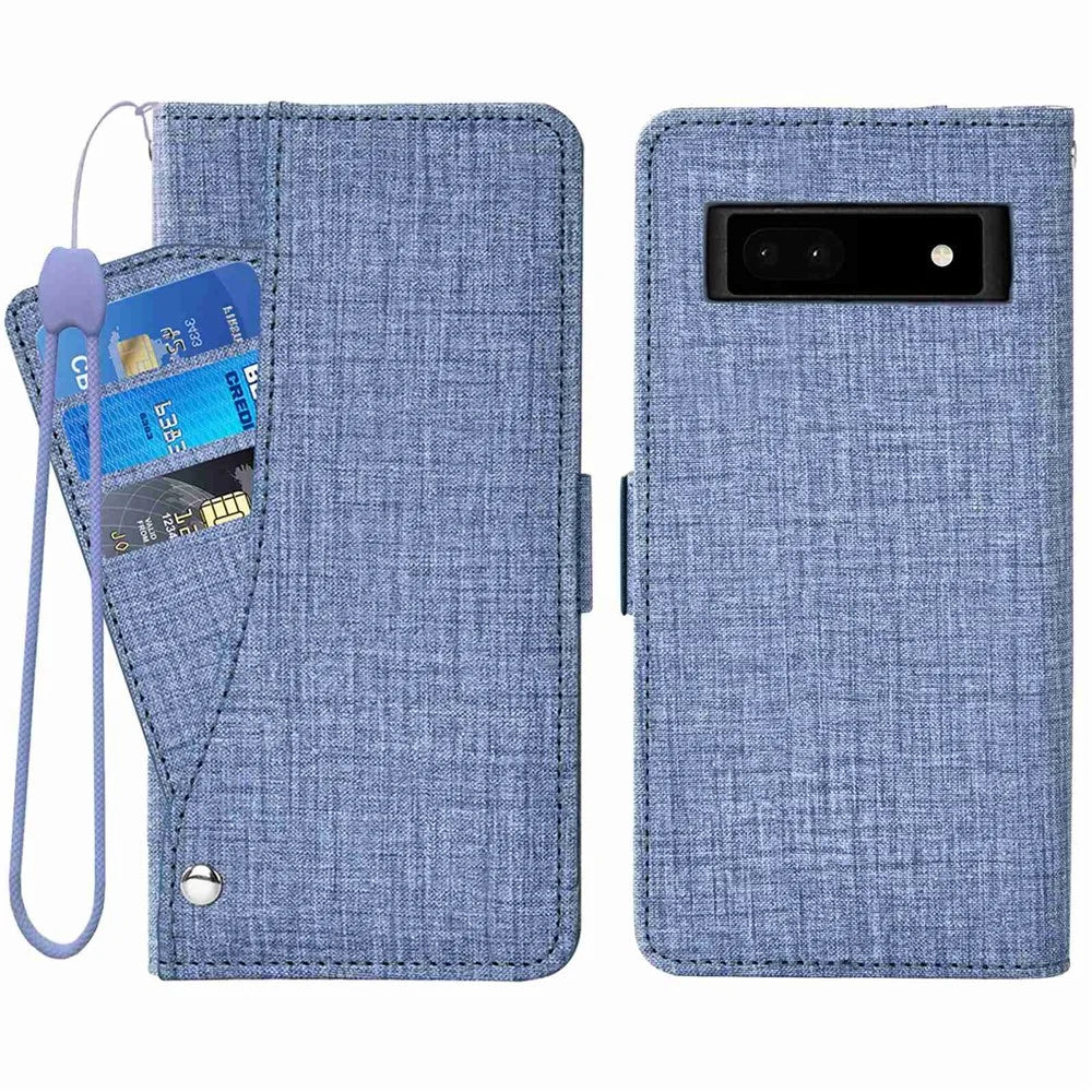 For Google Pixel 6a Jeans Cloth Texture PU Leather Stand Cover Built-in Rotating Card Slot Phone Case Wallet - Blue - 1