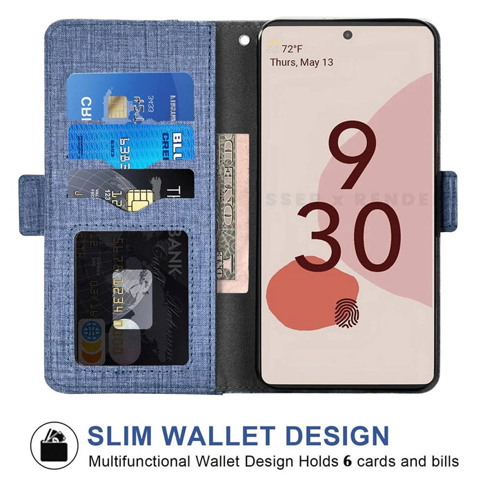 For Google Pixel 6a Jeans Cloth Texture PU Leather Stand Cover Built-in Rotating Card Slot Phone Case Wallet - Blue - 2