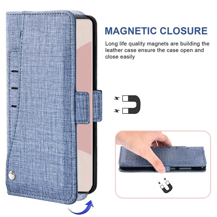 For Google Pixel 6a Jeans Cloth Texture PU Leather Stand Cover Built-in Rotating Card Slot Phone Case Wallet - Blue - 4