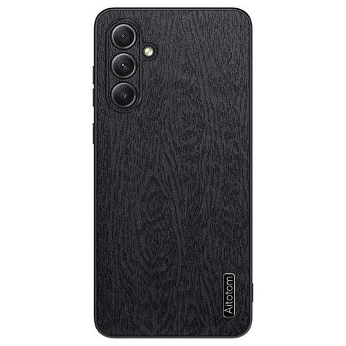 For Samsung Galaxy S24 FE Case Wood Grain PU Leather Coated PC+TPU Phone Cover - Black - 1