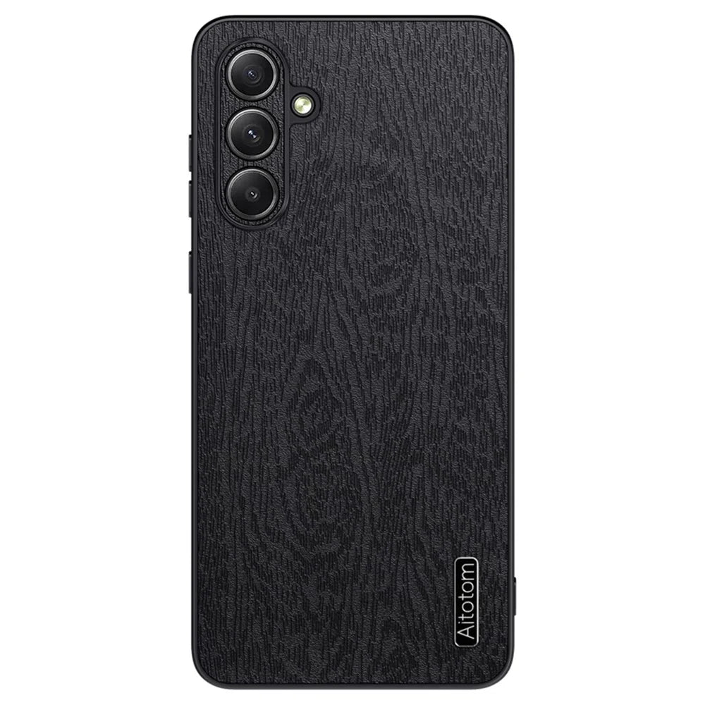 For Samsung Galaxy S24 FE Case Wood Grain PU Leather Coated PC+TPU Phone Cover - Black - 1