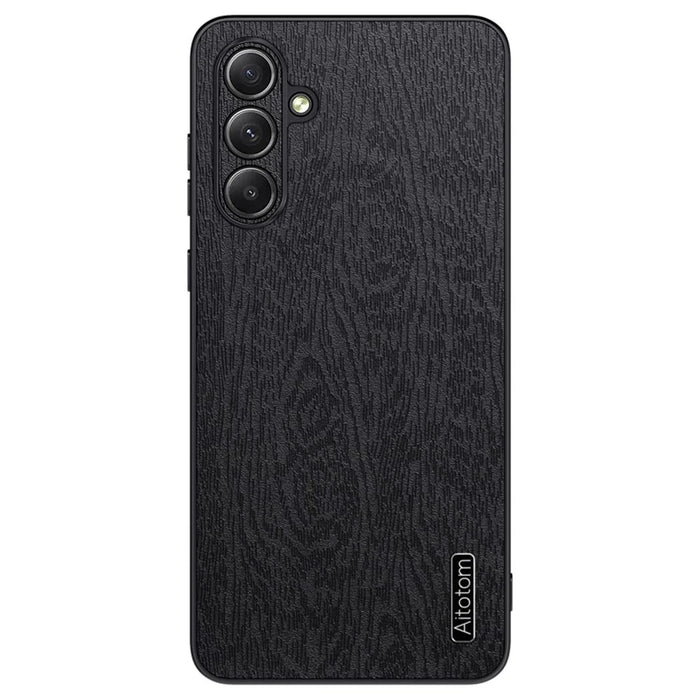 For Samsung Galaxy S24 FE Case Wood Grain PU Leather Coated PC+TPU Phone Cover - Black - 1