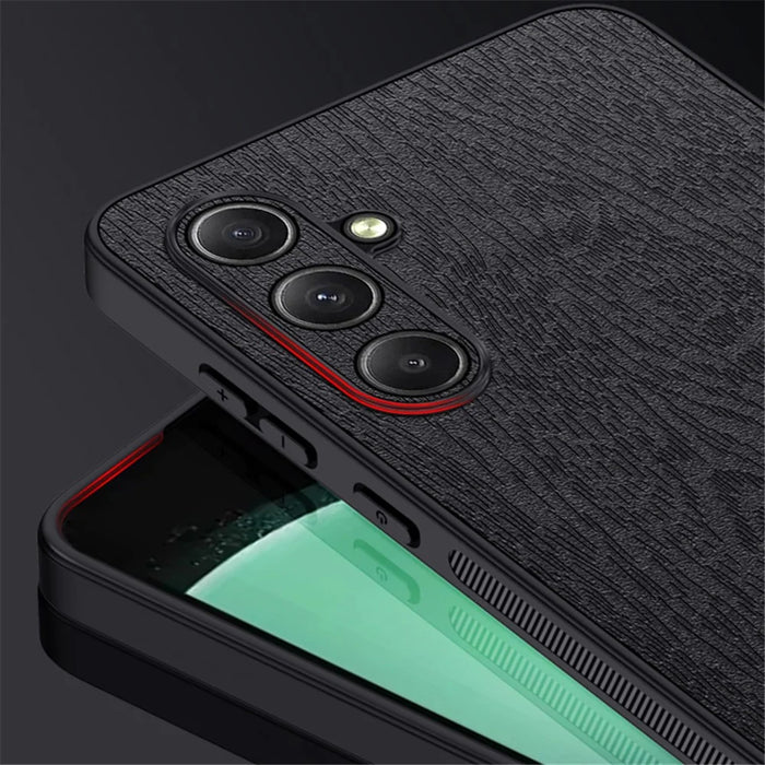 For Samsung Galaxy S24 FE Case Wood Grain PU Leather Coated PC+TPU Phone Cover - Black - 2