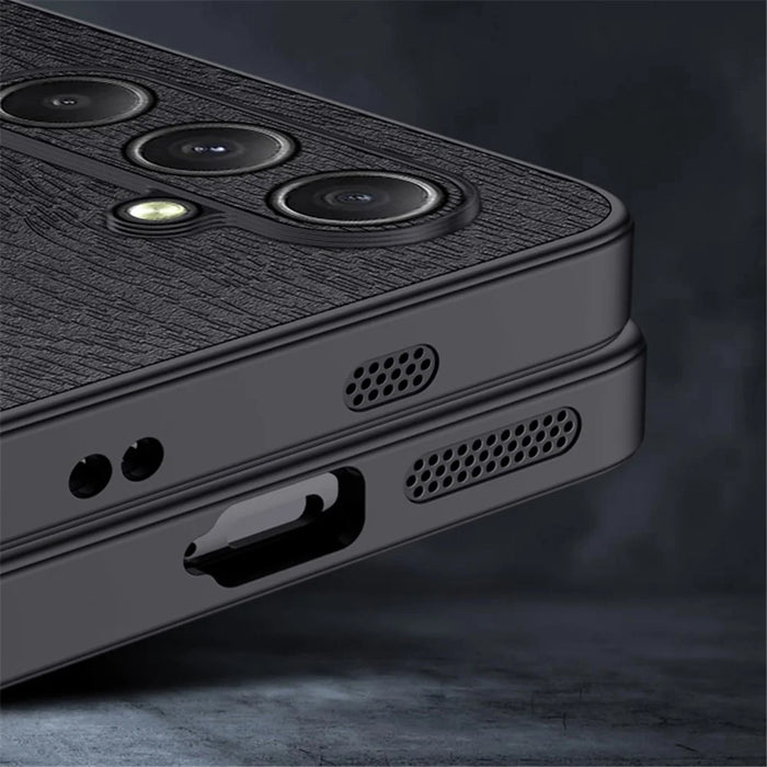 For Samsung Galaxy S24 FE Case Wood Grain PU Leather Coated PC+TPU Phone Cover - Black - 3