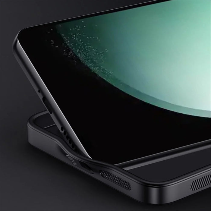 For Samsung Galaxy S24 FE Case Wood Grain PU Leather Coated PC+TPU Phone Cover - Black - 5