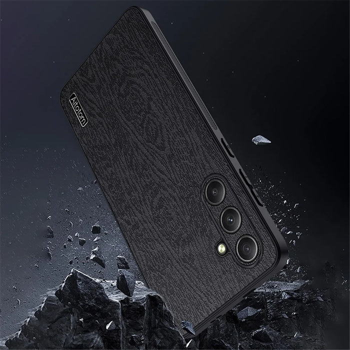 For Samsung Galaxy S24 FE Case Wood Grain PU Leather Coated PC+TPU Phone Cover - Black - 7