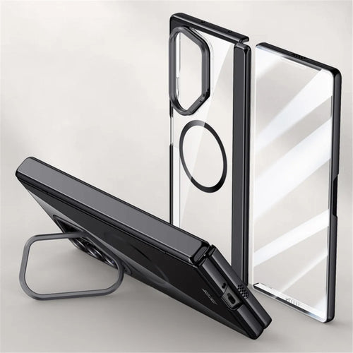 For Samsung Galaxy Z Fold6 5G Clear Case PC+Acrylic Kickstand Magnetic Phone Cover with Screen Film - Black - 1