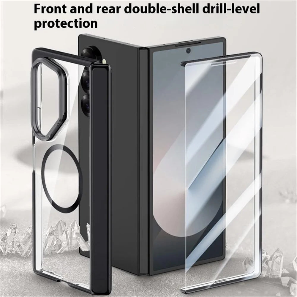 For Samsung Galaxy Z Fold6 5G Clear Case PC+Acrylic Kickstand Magnetic Phone Cover with Screen Film - Black - 3