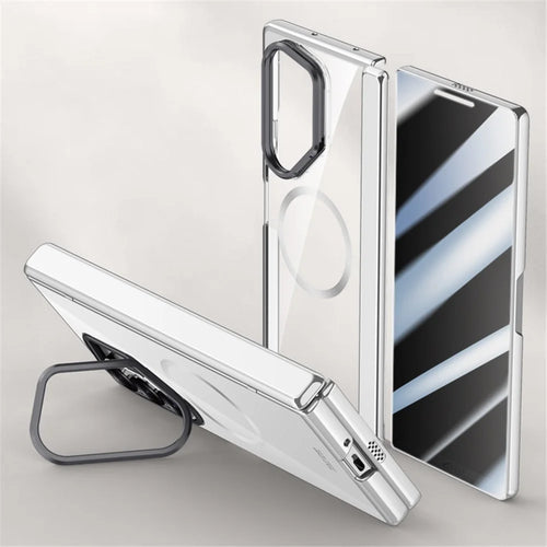 For Samsung Galaxy Z Fold6 5G Magnetic Clear Case with Anti-Spy Screen Film PC+Acrylic Kickstand Phone Cover - Silver - 1