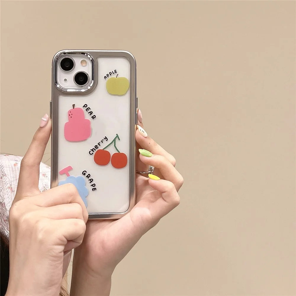 For iPhone 15 Case Silver Edge Pattern Design PC+TPU Phone Cover - Colorful Fruits - 3