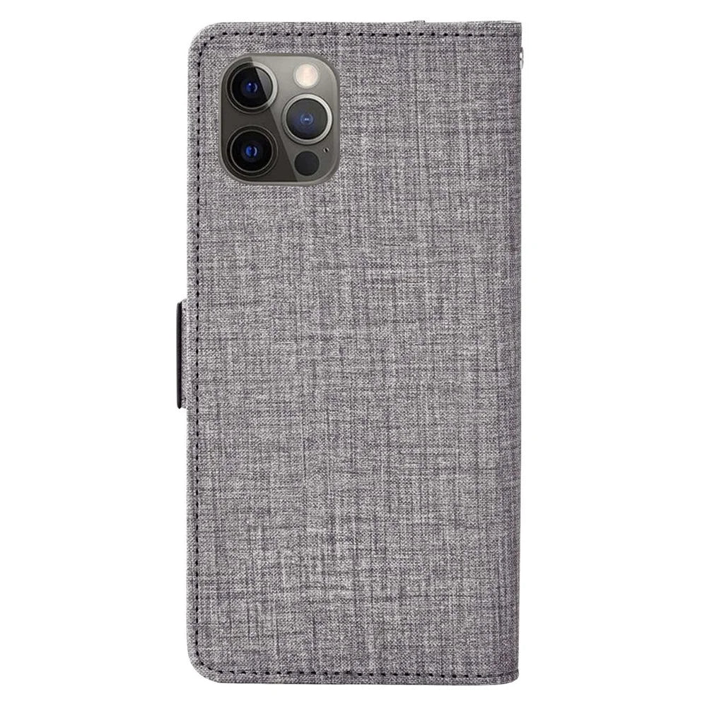For iPhone 14 Pro Max Jeans Cloth Texture PU Leather Wallet Stand Cover Rotating Card Slot Phone Case - Grey - 7