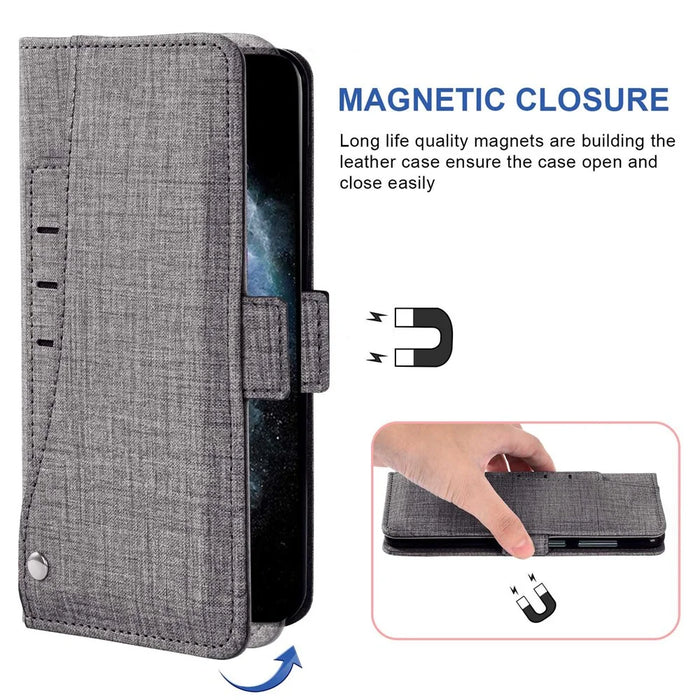 For iPhone 14 Pro Cell Phone Case Jeans Cloth Texture PU Leather Wallet Stand Cover with Rotating Card Slot - Grey - 4