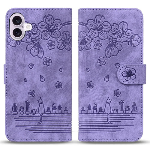For iPhone 16 Case Cartoon Cat Pattern Card Holder Leather Phone Cover - Purple - 1