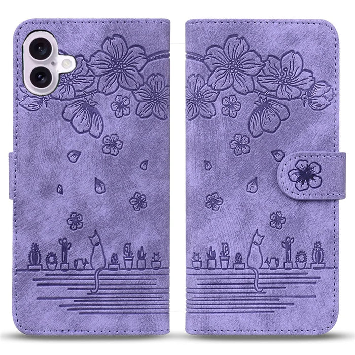 For iPhone 16 Case Cartoon Cat Pattern Card Holder Leather Phone Cover - Purple - 1