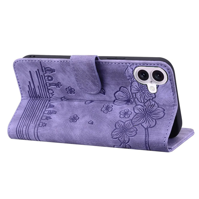 For iPhone 16 Case Cartoon Cat Pattern Card Holder Leather Phone Cover - Purple - 4