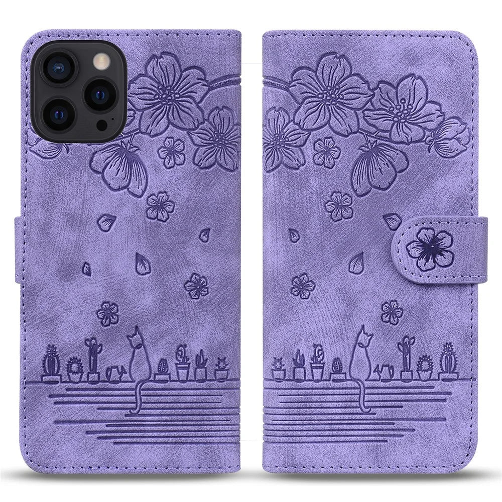 For iPhone 16 Pro Case Flower Cat Pattern Wallet Flip Leather Phone Cover - Purple - 1