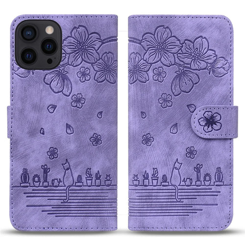 For iPhone 16 Pro Case Flower Cat Pattern Wallet Flip Leather Phone Cover - Purple - 1