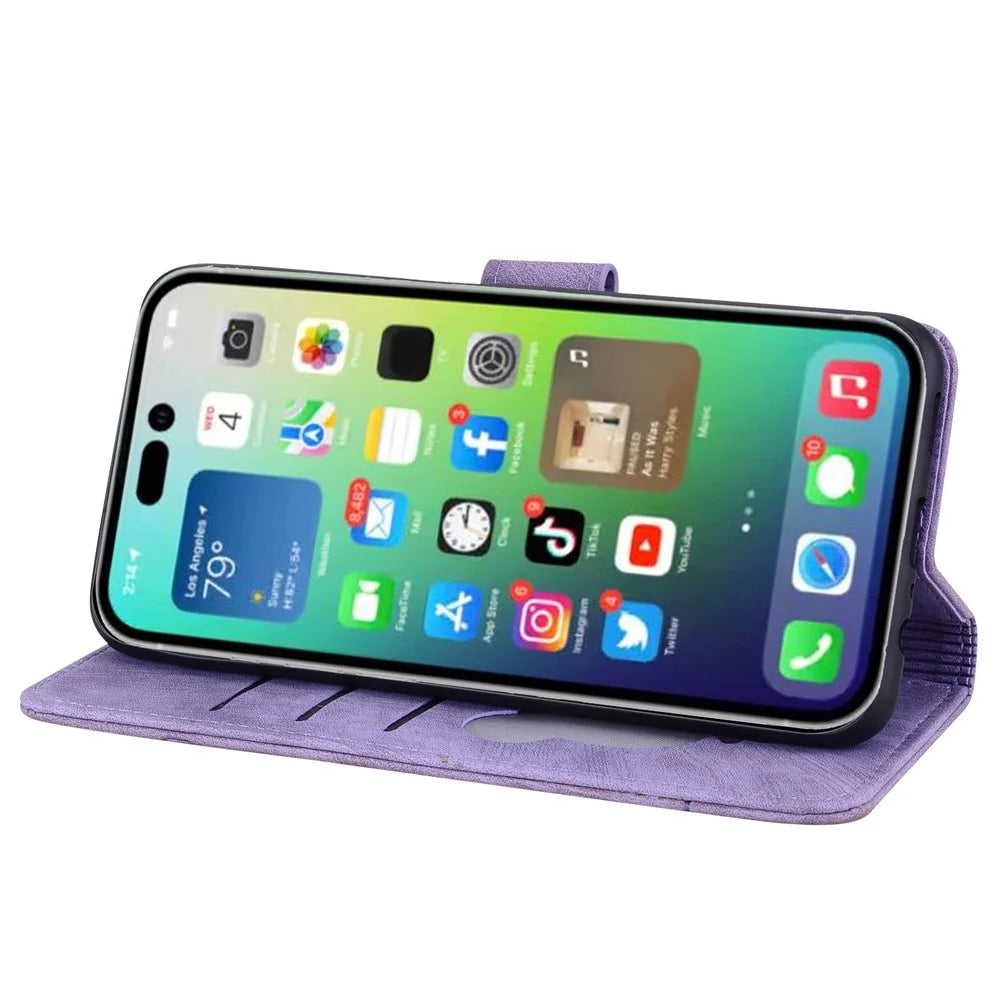 For iPhone 16 Pro Case Flower Cat Pattern Wallet Flip Leather Phone Cover - Purple - 2