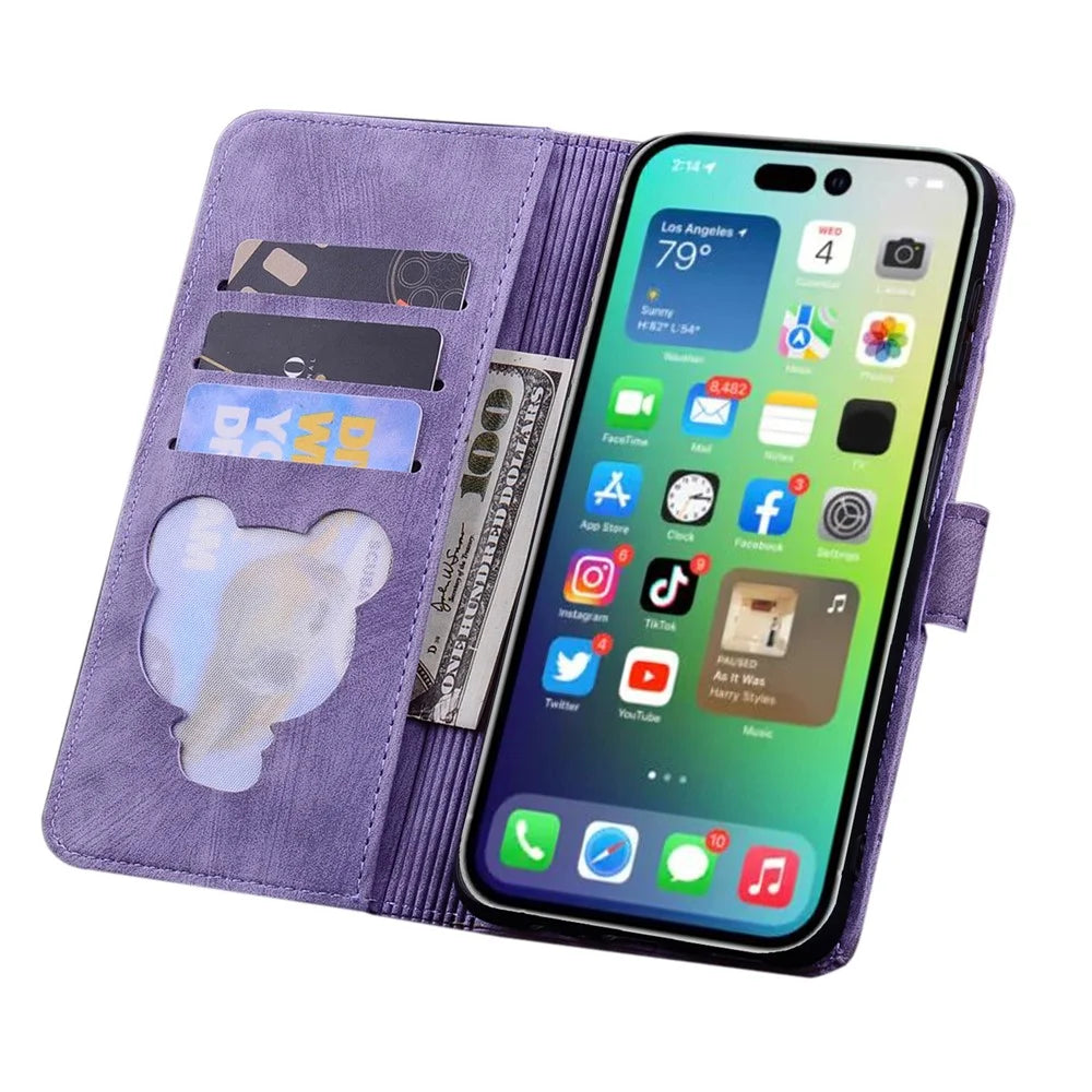 For iPhone 16 Pro Case Flower Cat Pattern Wallet Flip Leather Phone Cover - Purple - 3