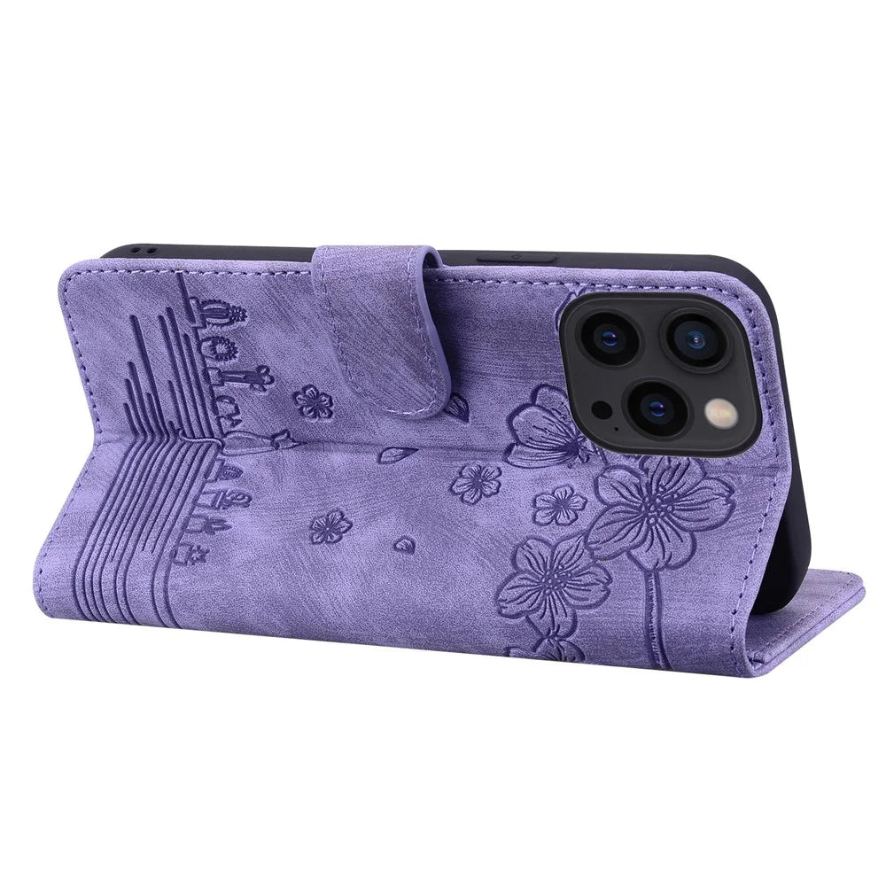 For iPhone 16 Pro Case Flower Cat Pattern Wallet Flip Leather Phone Cover - Purple - 4
