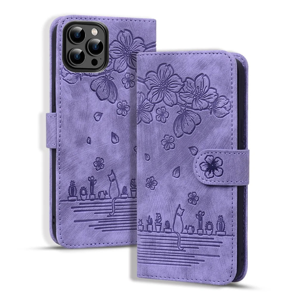 For iPhone 16 Pro Case Flower Cat Pattern Wallet Flip Leather Phone Cover - Purple - 5