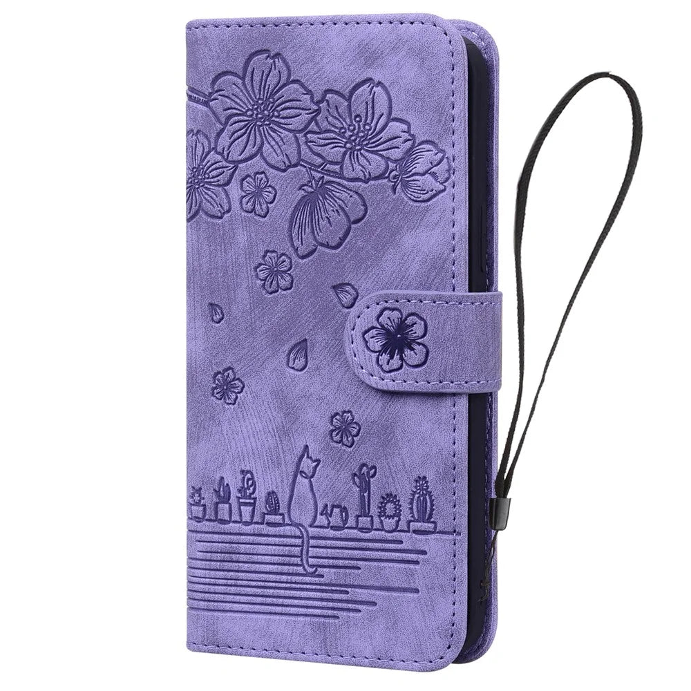 For iPhone 16 Pro Case Flower Cat Pattern Wallet Flip Leather Phone Cover - Purple - 6