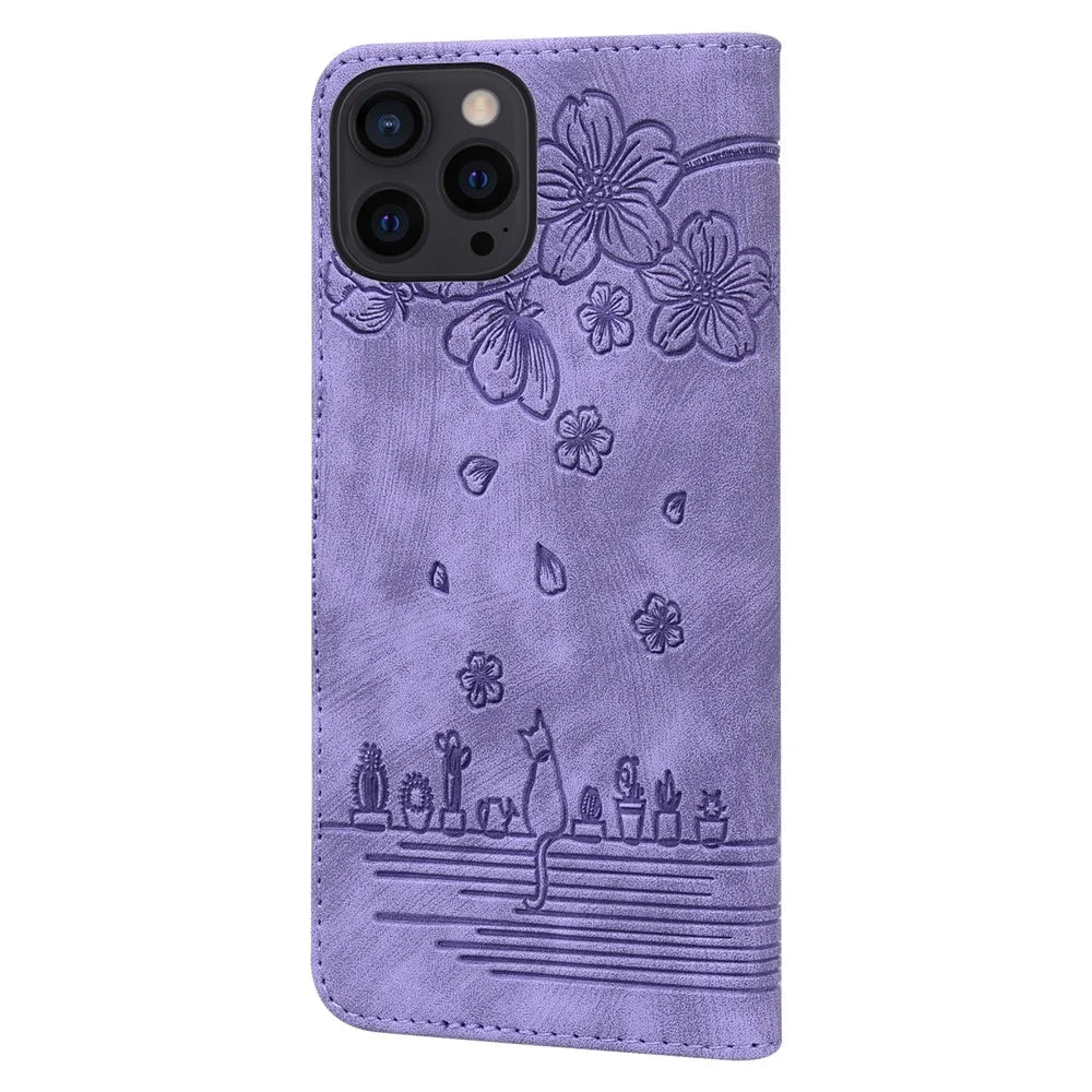 For iPhone 16 Pro Case Flower Cat Pattern Wallet Flip Leather Phone Cover - Purple - 7