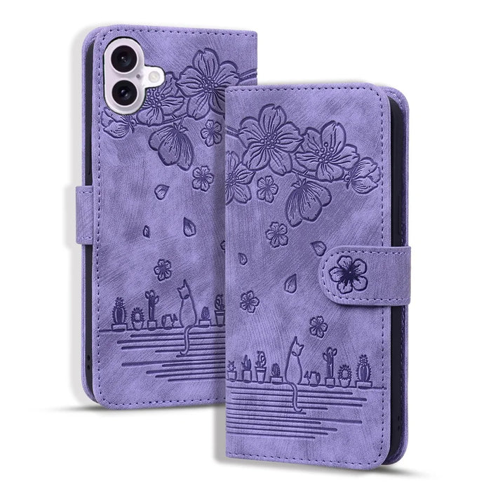For iPhone 16 Plus Case Flower Cat Imprinted Leather Phone Cover with Card Holder Wallet - Purple - 5