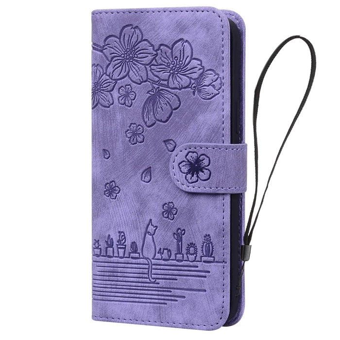 For iPhone 16 Plus Case Flower Cat Imprinted Leather Phone Cover with Card Holder Wallet - Purple - 6
