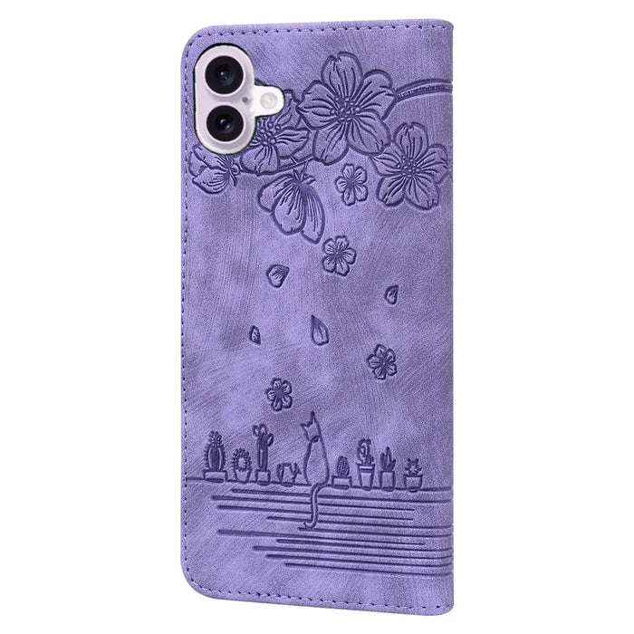 For iPhone 16 Plus Case Flower Cat Imprinted Leather Phone Cover with Card Holder Wallet - Purple - 7