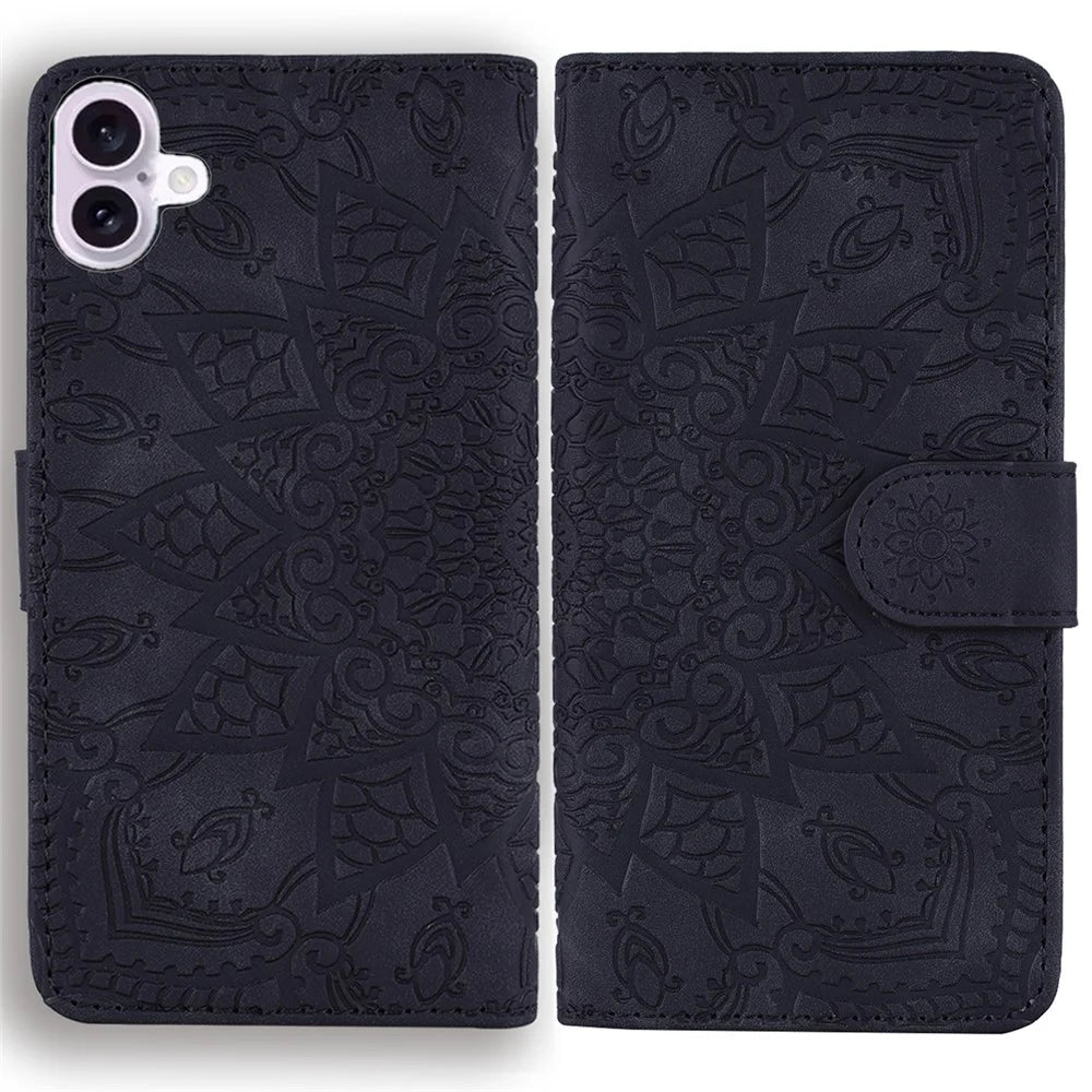 For iPhone 16 Case Flower Imprinted PU Leather Wallet Phone Cover - Black - 1