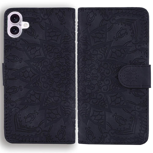 For iPhone 16 Case Flower Imprinted PU Leather Wallet Phone Cover - Black - 1