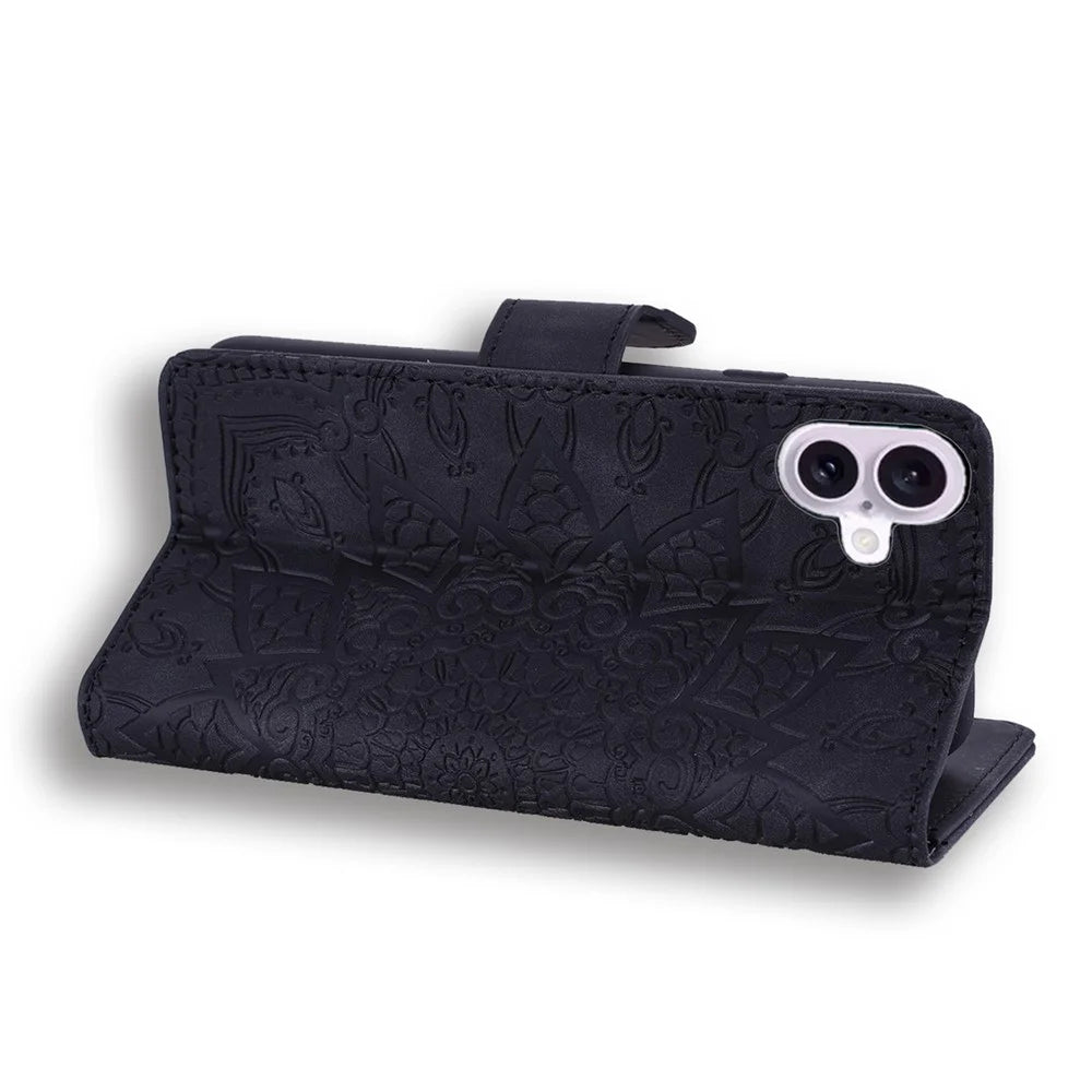 For iPhone 16 Case Flower Imprinted PU Leather Wallet Phone Cover - Black - 3