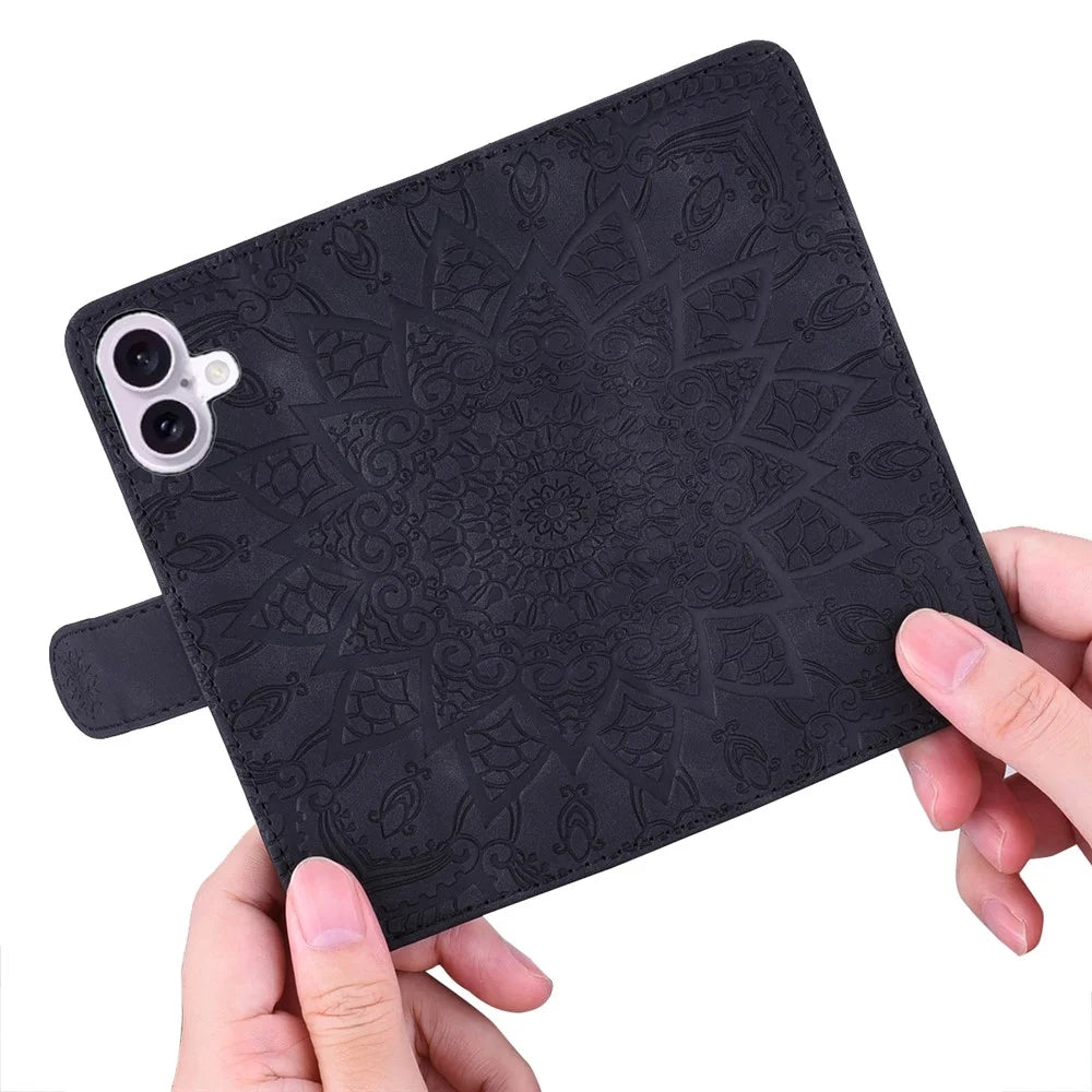 For iPhone 16 Case Flower Imprinted PU Leather Wallet Phone Cover - Black - 4