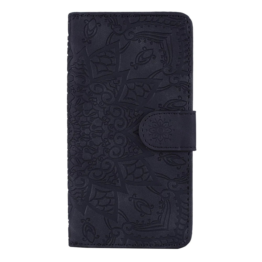For iPhone 16 Case Flower Imprinted PU Leather Wallet Phone Cover - Black - 6