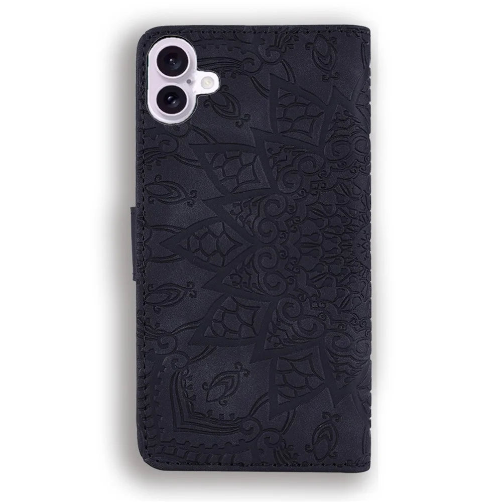 For iPhone 16 Case Flower Imprinted PU Leather Wallet Phone Cover - Black - 7
