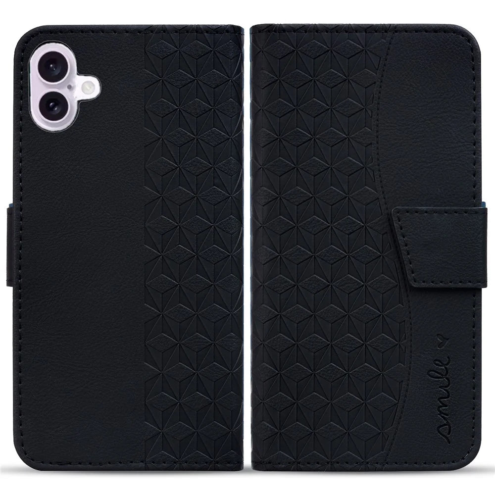 For iPhone 16 Case Rhombus Pattern Leather Phone Cover Wallet Stand Flip - Black - 1